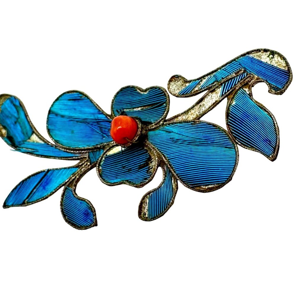 Vtg Kingfisher Blue Feather Floral Pin Brooch Hair Comb Piece Decor Coral #121